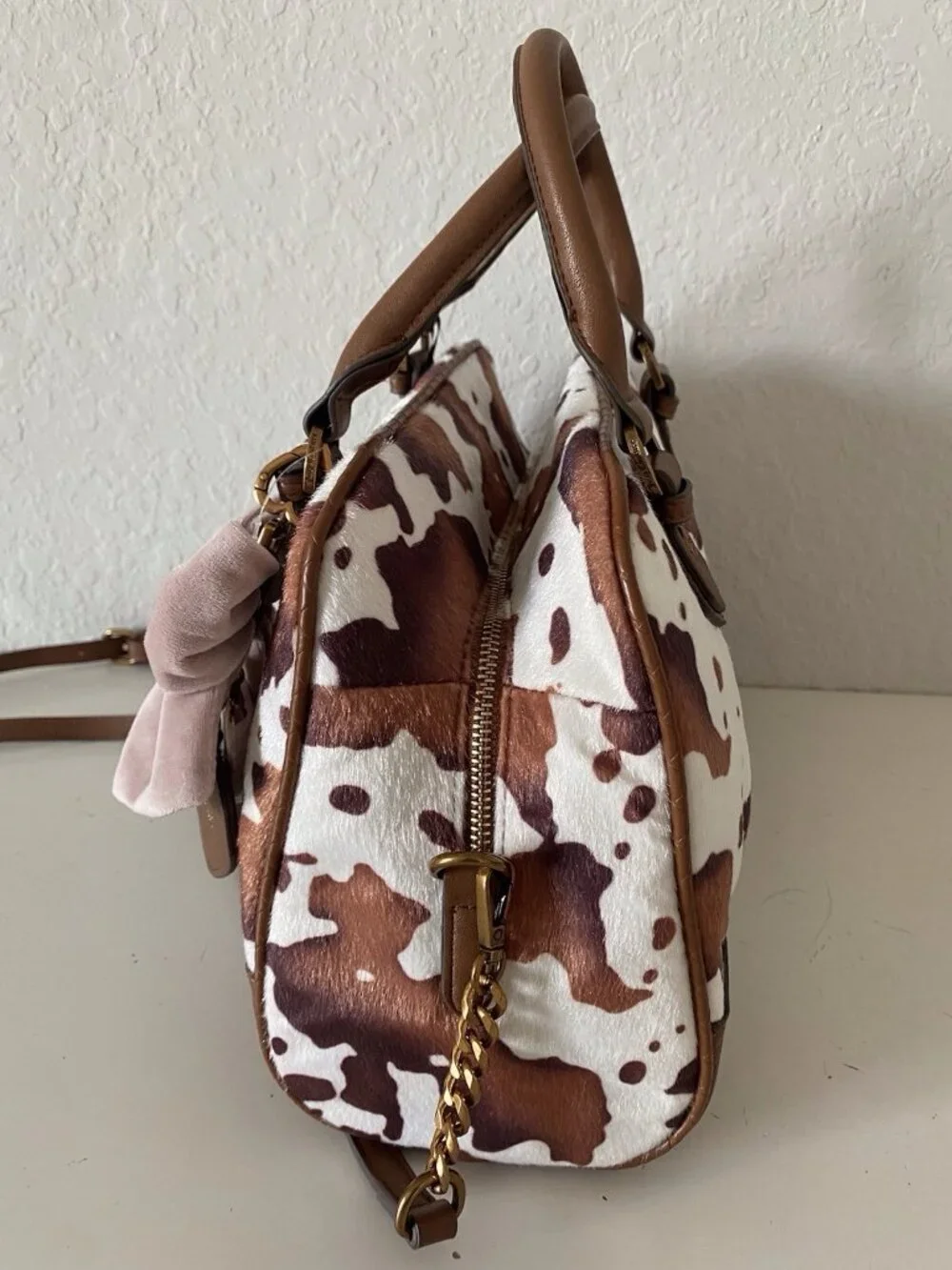 Juicy Couture Romance Cow Print Satchel In‎ Saddle Brown W/Charm Viral NEW